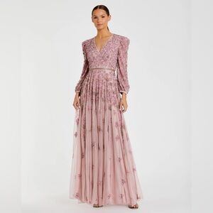 MAC DUGGAL Pink Embellished V Neck Long Sleeve A Line Gown Sz: 12 $798 #5497